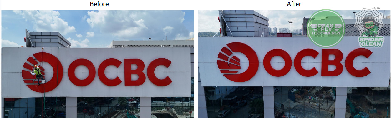 Peak Fly Technology (M) Sdn. Bhd. | Project - OCBC SIGNBOARD CLEANING (ROPE ACCESS)